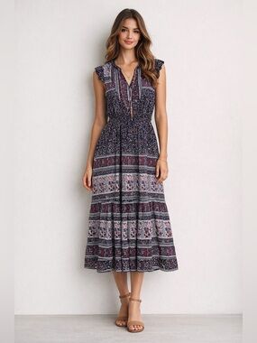 ALICIA BELL Navy Boho Midi Dress Silk Cotton Smocked Waist Size Medium